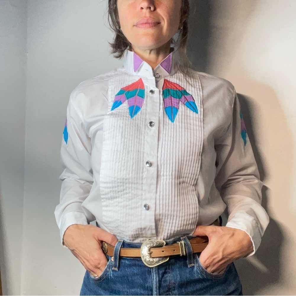 Vintage 90s Wrangler Western Rodeo Custom Feather Embroidered Tuxedo Shirt